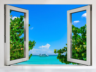 view from an open window to the Caribbean sea