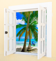 wooden open window overlooking the tropics