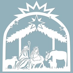 Birth of Christ. Baby Jesus in the manger. Holy Family. Star of Bethlehem - east comet. Merry Christmas card. Template for laser cutting and Plotter.  Sticker plotter and screen printing.