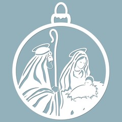 Birth of Christ. Baby Jesus in the manger. Holy Family.Merry Christmas card. Template for laser cutting and Plotter. Vector illustration. Sticker plotter and screen printing.