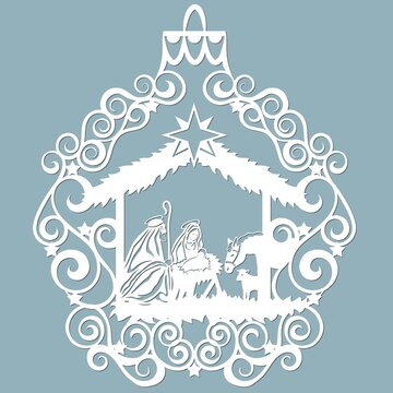 Birth Of Christ. Baby Jesus In The Manger. Holy Family. Star Of Bethlehem - East Comet. Merry Christmas Card. Template For Laser Cutting And Plotter.  Sticker Plotter And Screen Printing.