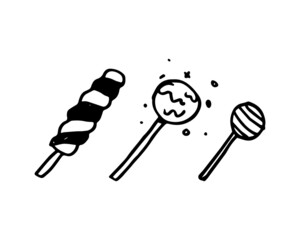 a vector illustration of lollipop shapes. There are three kinds of lollipops in black color and white background with creative hand drawn graphic.