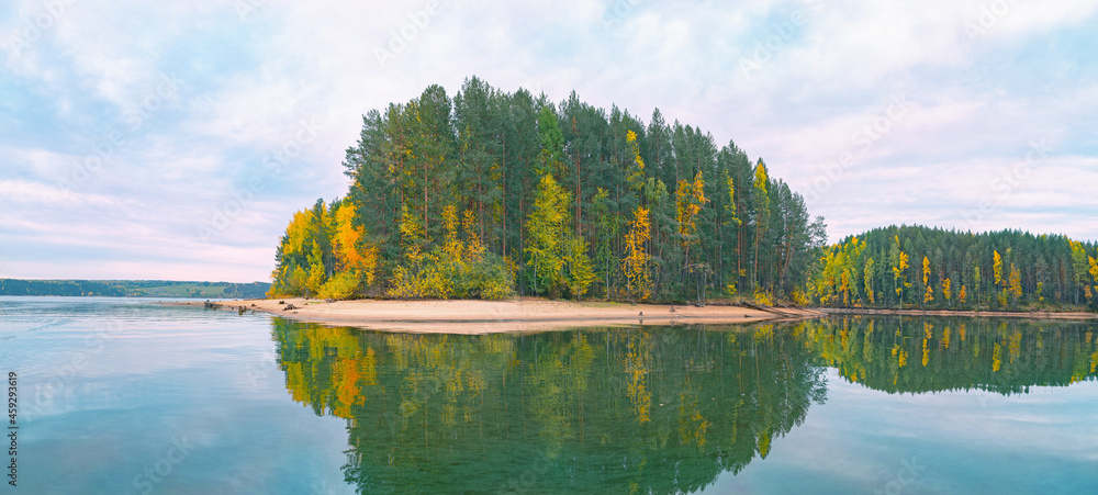 Wall mural panoramic view of the bright colorful trees along the bank of the kama river russia perm krai. autum
