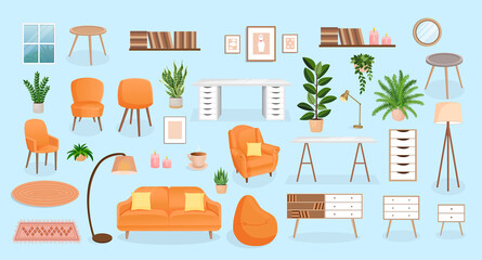 Set of furniture for the bedroom, hallway, living room, office. Collection of items for the interior of an apartment, office, home. Vector illustration in flat cartoon style. Housing elements.