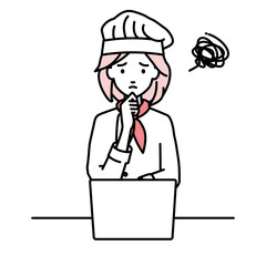 デスクで座ってPCを開いて困っている調理師の女性
