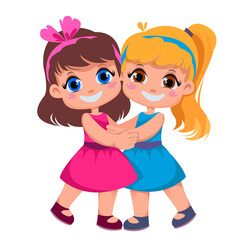Girlfriends hug. Children s friendship. Vector illustration in cartoon style. Two beauty sisters in beautiful dresses