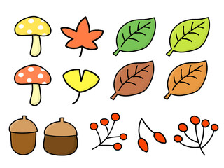 イラスト素材：秋の植物セット・葉っぱ・きのこ・どんぐり
