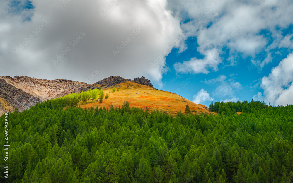 Wall mural panoramic mountain landscape with rock in golden sunlight. nature background of rocky mountain wall 