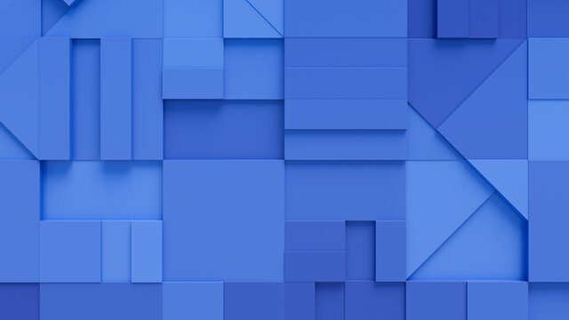 Blue 3D Shapes arranged to create a Tech abstract wallpaper. 3D Render .  