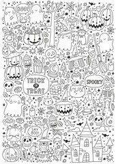 Trick or Treat coloring page. Halloween coloring page for kids. Cartoon big coloring poster in doodle style. Cute witch, ghost, castle, pumpkin, bat, zombie, mummy, cat