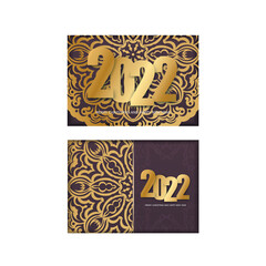 Template Greeting Brochure 2022 Merry Christmas and Happy New Year burgundy color with vintage gold ornament