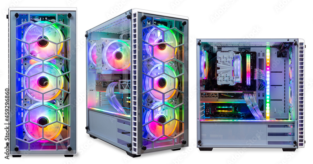 Poster set collection of colorful custom gaming pc computer with dark tinted glass windows and rgb rainbow 