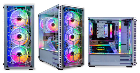 set collection of colorful custom gaming pc computer with dark tinted glass windows and rgb rainbow led lighting isolated white background - obrazy, fototapety, plakaty