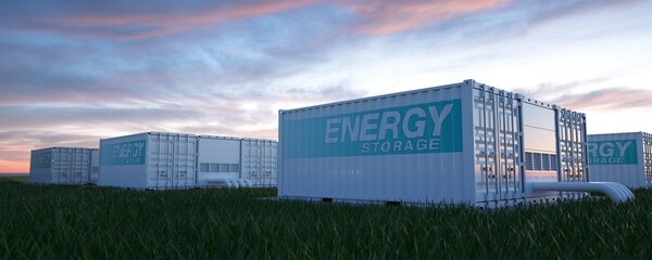 Renewable energy storage. Sunset in the background.  - obrazy, fototapety, plakaty