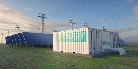 Renewable park. Solar panels, storage and distribution of clean electricity.  - obrazy, fototapety, plakaty