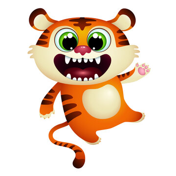 funny cartoon tiger cub open mouth.  happy wild jungle animal on white background. greeting card. vector illustration