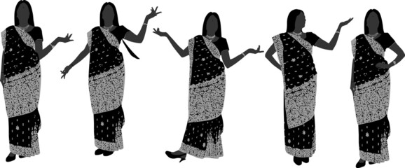 Collection of Indian woman silhouette posing wearing a decorative sari for a traditional cultural event