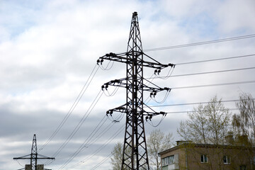 High voltage line. Power line. Electric pole.