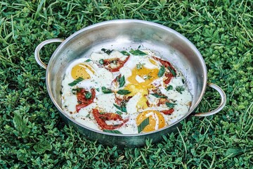 Sunny side up farm eggs with added tomatoes thyme onion and cheese in metal frying pan on lush...