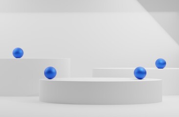 3d background with white podium and metal balls 