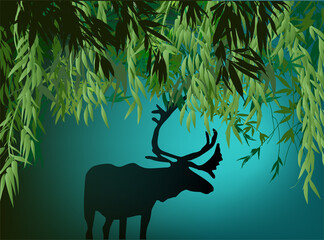 single deer silhouette between leaves in dark cyan