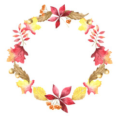 Watercolor, round wreath with autumn leaves. Bright and colorful