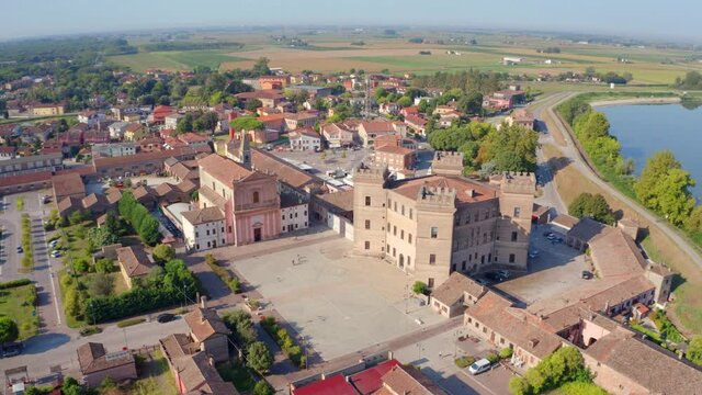 4K aerial - a bird's eye view&nbsp;video (Ultra High Definition) of Castle of Mesola. Colorful morning cityscape of Mesola town, Italy, Europe. Traveling concept background..