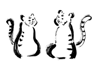 トラ2頭の手描き筆書きイラスト