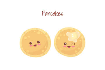Cute smiling happy pancakes with butter. Kawaii bakery characters. Vector cartoon food illustration isolated on white background. Use for children breakfast, menu, fabric print, greeting card.