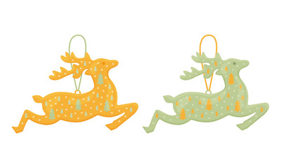 Santa s reindeer. Bright Christmas tree toys in the form of Santa Claus reindeer. Christmas toys in green and orange tones. A New Year s accessory. Vector illustration on a white background