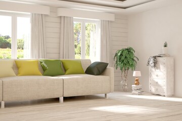 White living room with sofa and summer landscape in window. Scandinavian interior design. 3D illustration