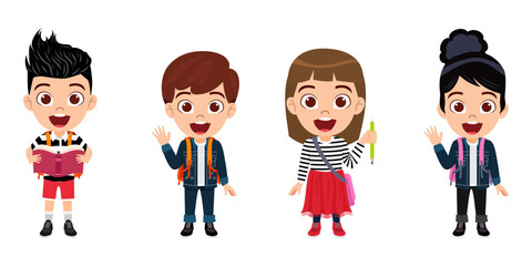 Happy cute kid boy and girl characters holding and wearing schoolbag and pencil isolated on white background