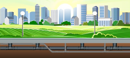 Pipeline for various purposes. Beautiful city landscape. Underground part of system. Illustration vector