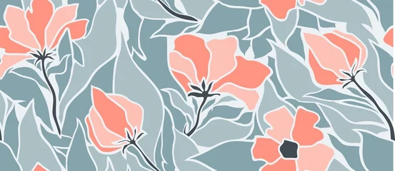 Wallpaper murals Pastel Tropical leaves and flower seamless pattern.