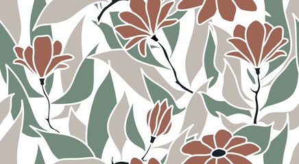 Tropical leaves and flower seamless pattern.
