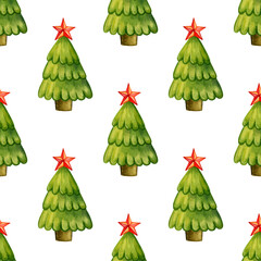 Seamless pattern of Christmas trees with star on a white background. Vector illustration