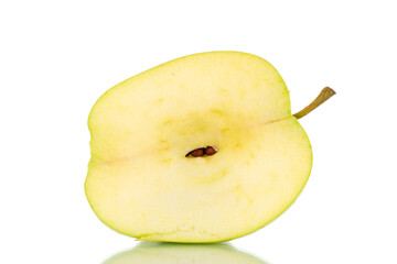 One slice of ripe sweet apple, close-up, isolated on white.