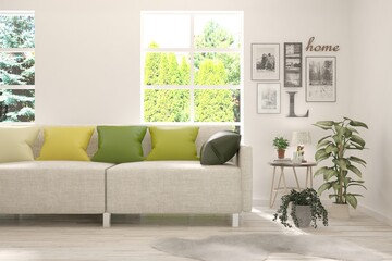 White living room with sofa and summer landscape in window. Scandinavian interior design. 3D illustration