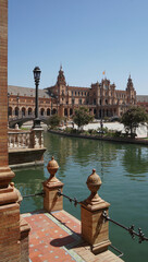 Plaza de Espana with the main building and bridges over the moat, Seville, Andalusia, Spain