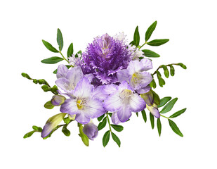 Purple ornamental kale and freesia flowers with green decorative leaves in a floral arrangement...