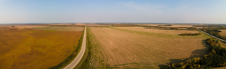 Fototapeta na wymiar Aerial panorama of a flat prairie in autumn with harvested and unharvested fields and a road disappearing into the distance. 