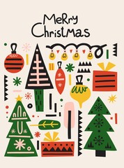 Fototapeta na wymiar Christmas postcard. Hand drawn scandinavian style xmas card, cartoon ethnic winter holidays elements and lettering, traditional colors tree gifts and toys, poster or print vector isolated illustration
