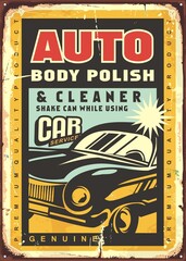 Auto body polish and cleaner retro advertising sign with classic car. Car polishing wax service  and gear vintage poster design. Vector transport and automotive illustration layout.