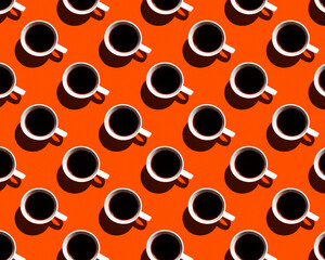 Cup of coffee on an orange background. Seamless pattern. Pop-art background.