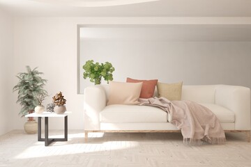 White living room with sofa. Scandinavian interior design. 3D illustration