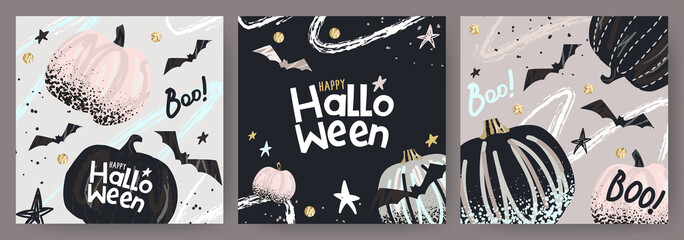 Happy Halloween Set of banners, greeting cards, posters, holiday covers. Trendy design with typography, hand painted dots, strokes, pumpkins and bats, in pastel colors. Modern art minimalist style.