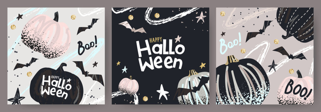 Happy Halloween Set of banners, greeting cards, posters, holiday covers. Trendy design with typography, hand painted dots, strokes, pumpkins and bats, in pastel colors. Modern art minimalist style.
