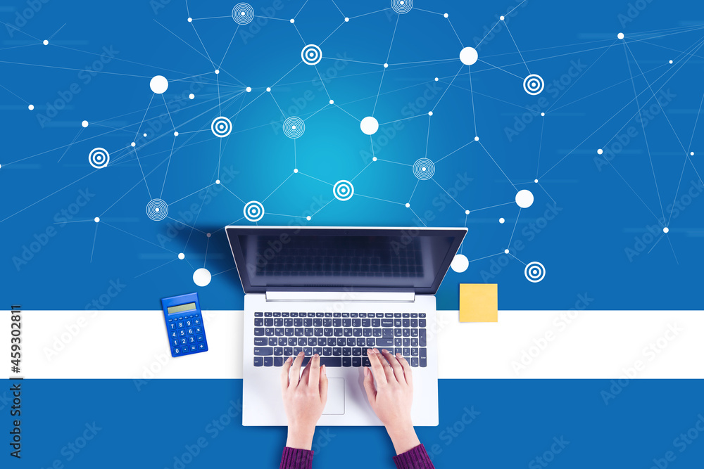 Aufkleber woman working computer with icon network connection