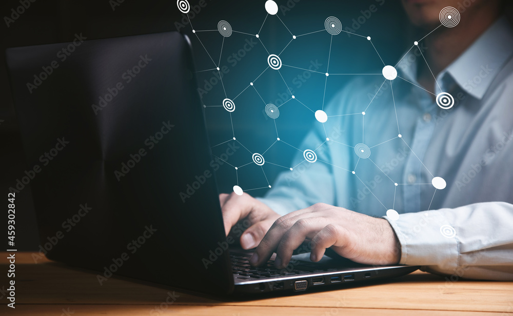 Aufkleber businessman working computer with icon network connection