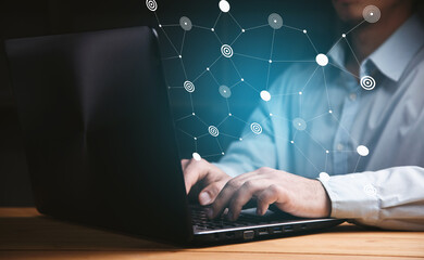 Businessman working computer with icon network connection